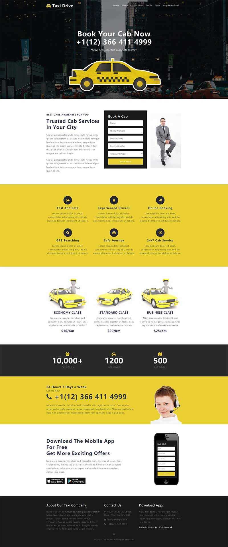 黄色出租车服务网站单页响应式网页html模板 - 网创&网赚 项目教学