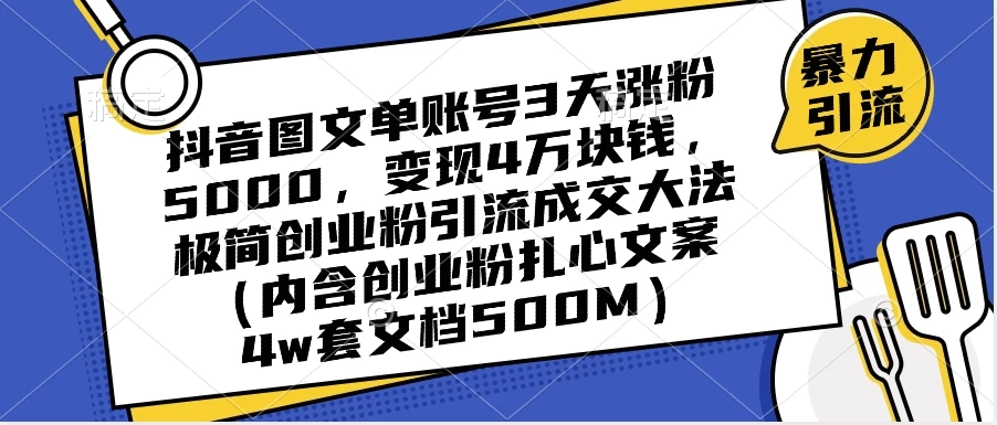 抖音图文单账号 3 天涨粉 5000，变现 4 W，极简创业粉引流成交大法（内含扎心文案） - 网创&网赚 项目教学